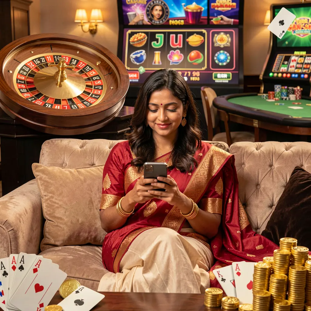 Indian woman relaxing on a sofa while using the IS77 casino app surrounded by glowing casino chips playing cards and roulette effects