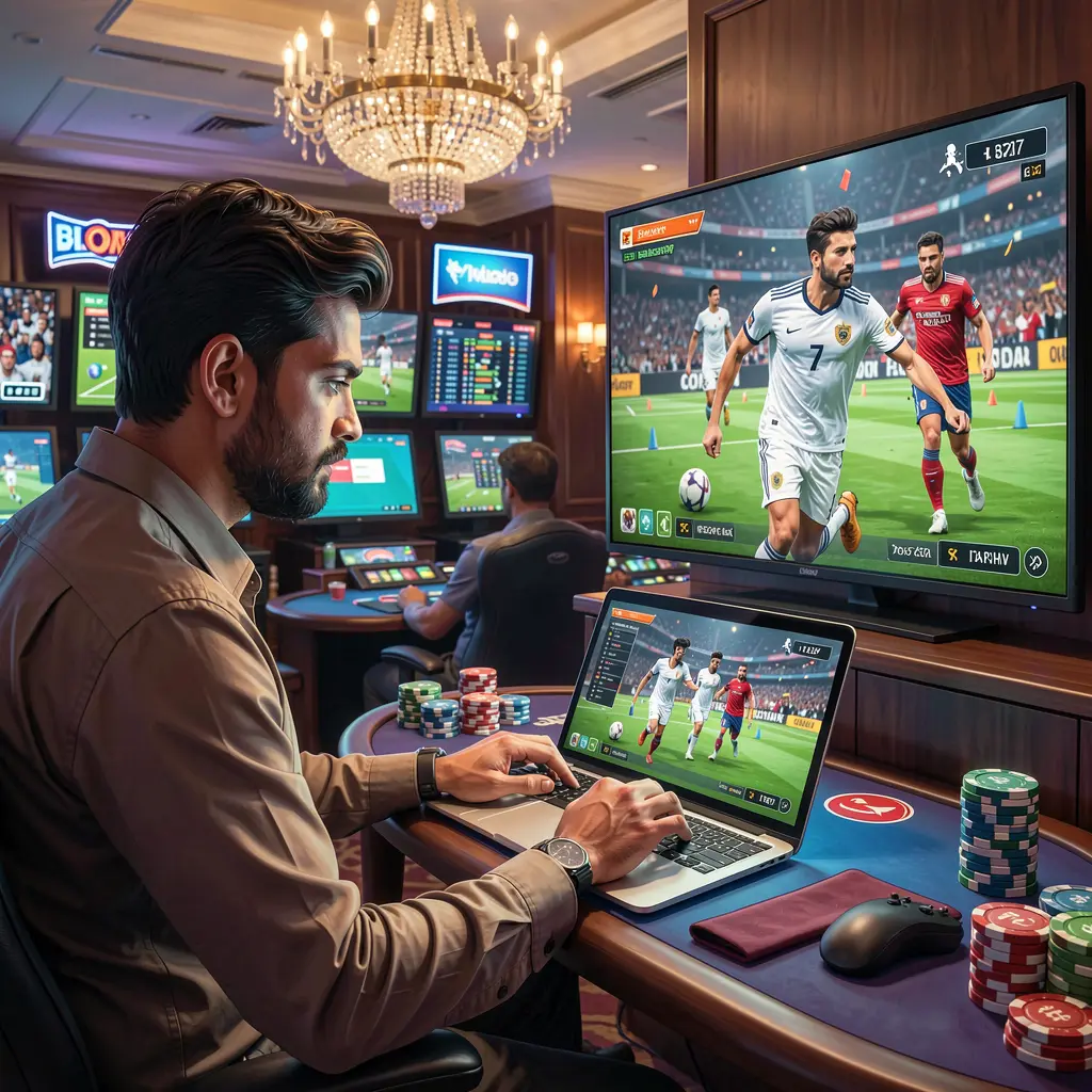 Focused Indian sports bettor analyzing live football odds on a laptop with match action on TV while using IS77 in a modern betting setup