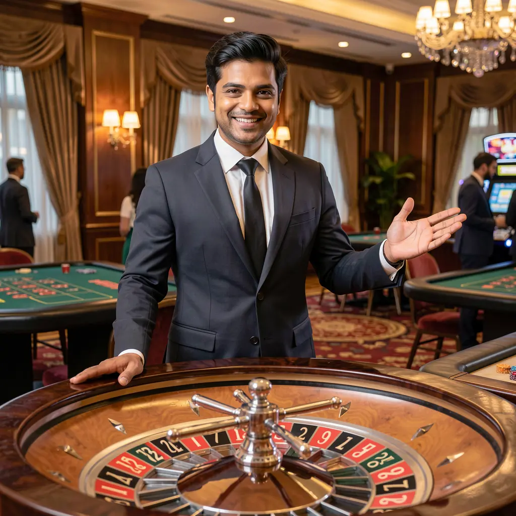 Stylish live roulette dealer standing at a casino table with a welcoming gesture representing the professional live casino experience of IS77 for India